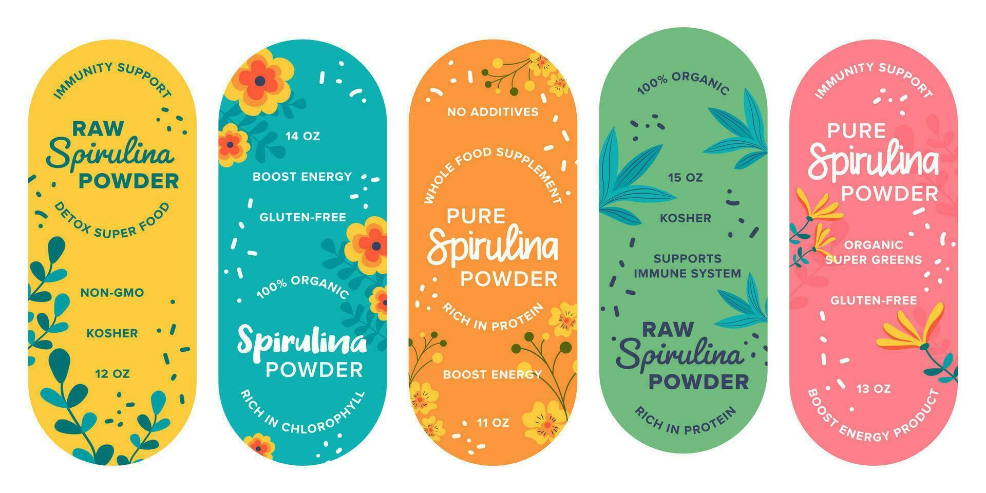 Colorful sticker set for spirulina powder package vector