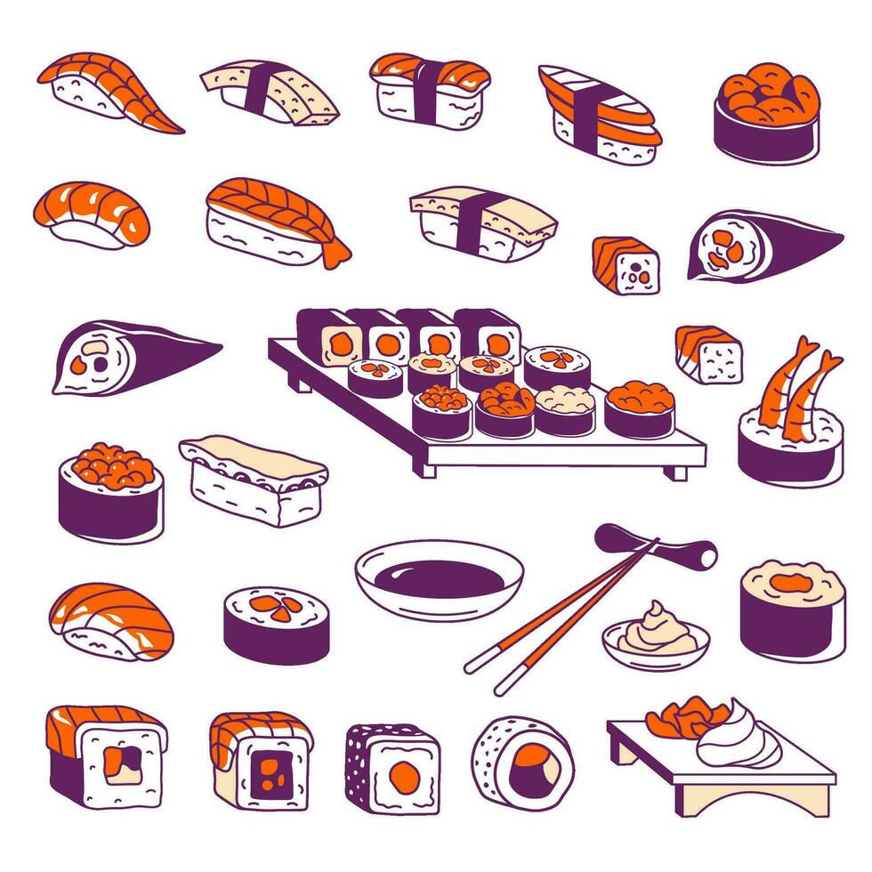 Sushi varieties and types, maki and sashimi vector