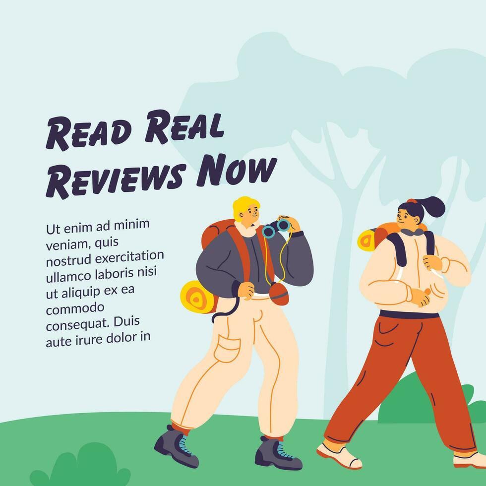 Read real review, trekking and camping holiday vector