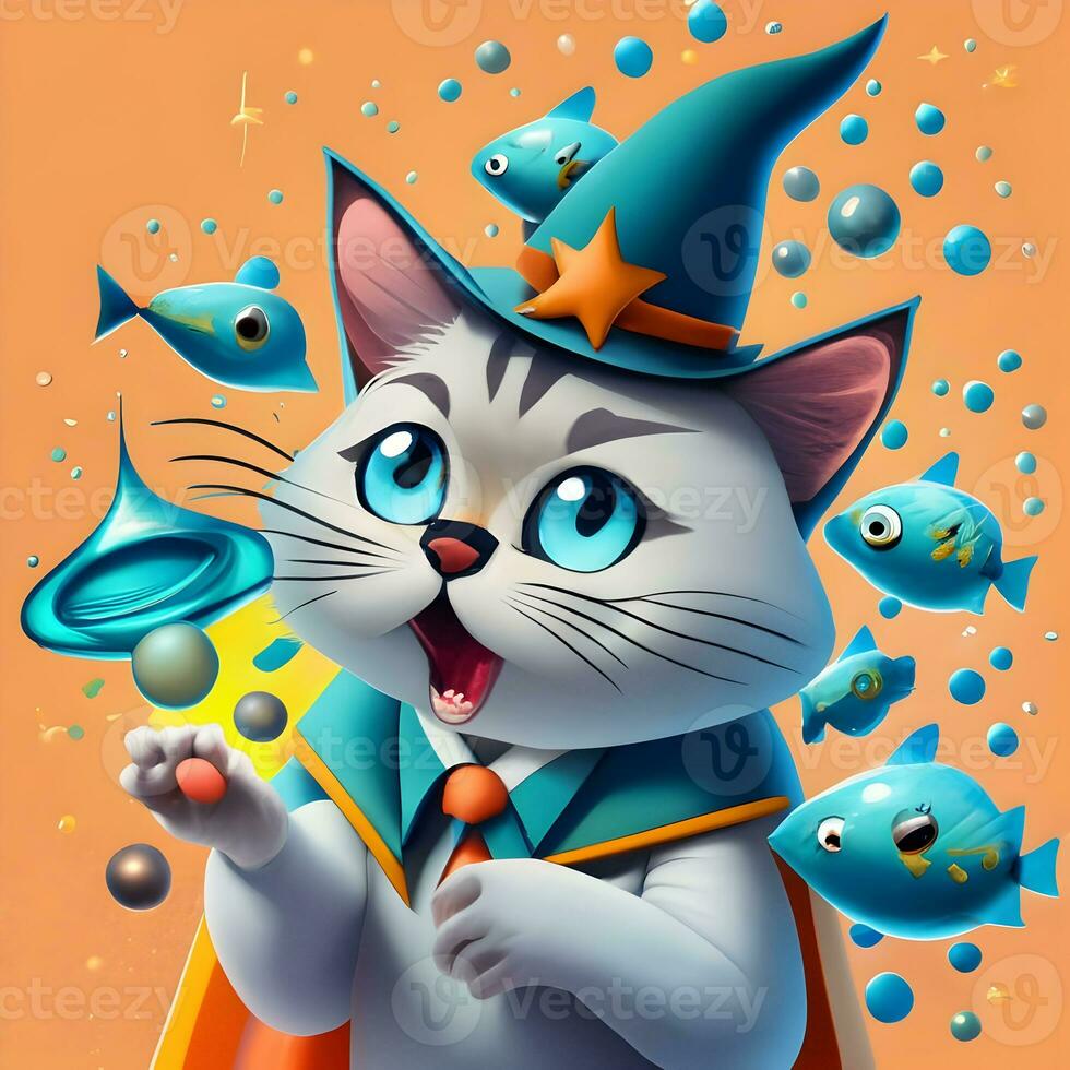 3D sticker template of a whimsical wizard cat wearing a pointed hat and casting a spell that goes hilariously wrong photo