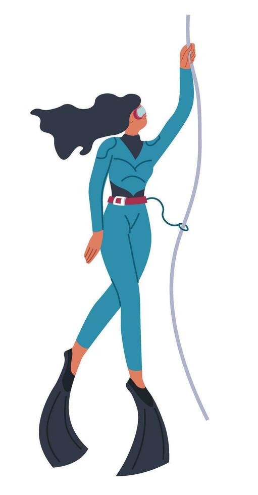 Scuba diving woman holding rope, summer activity vector