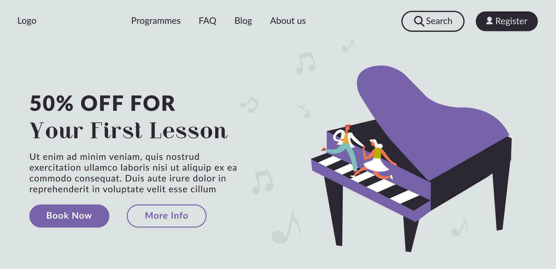 Half off discount for first piano lesson website vector