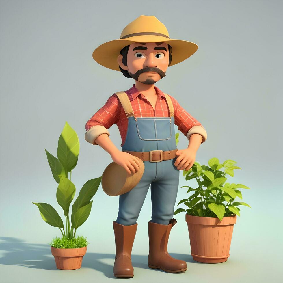 3D cartoon character of a hardworking farmer. Feature them in farm attire, photo