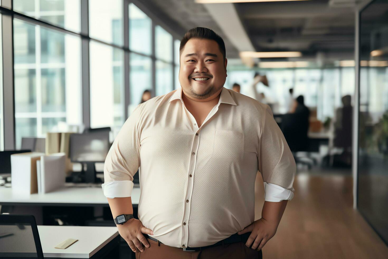 Plus size manager asian businessman CEO confident and standing front of modern office,AI Generated photo