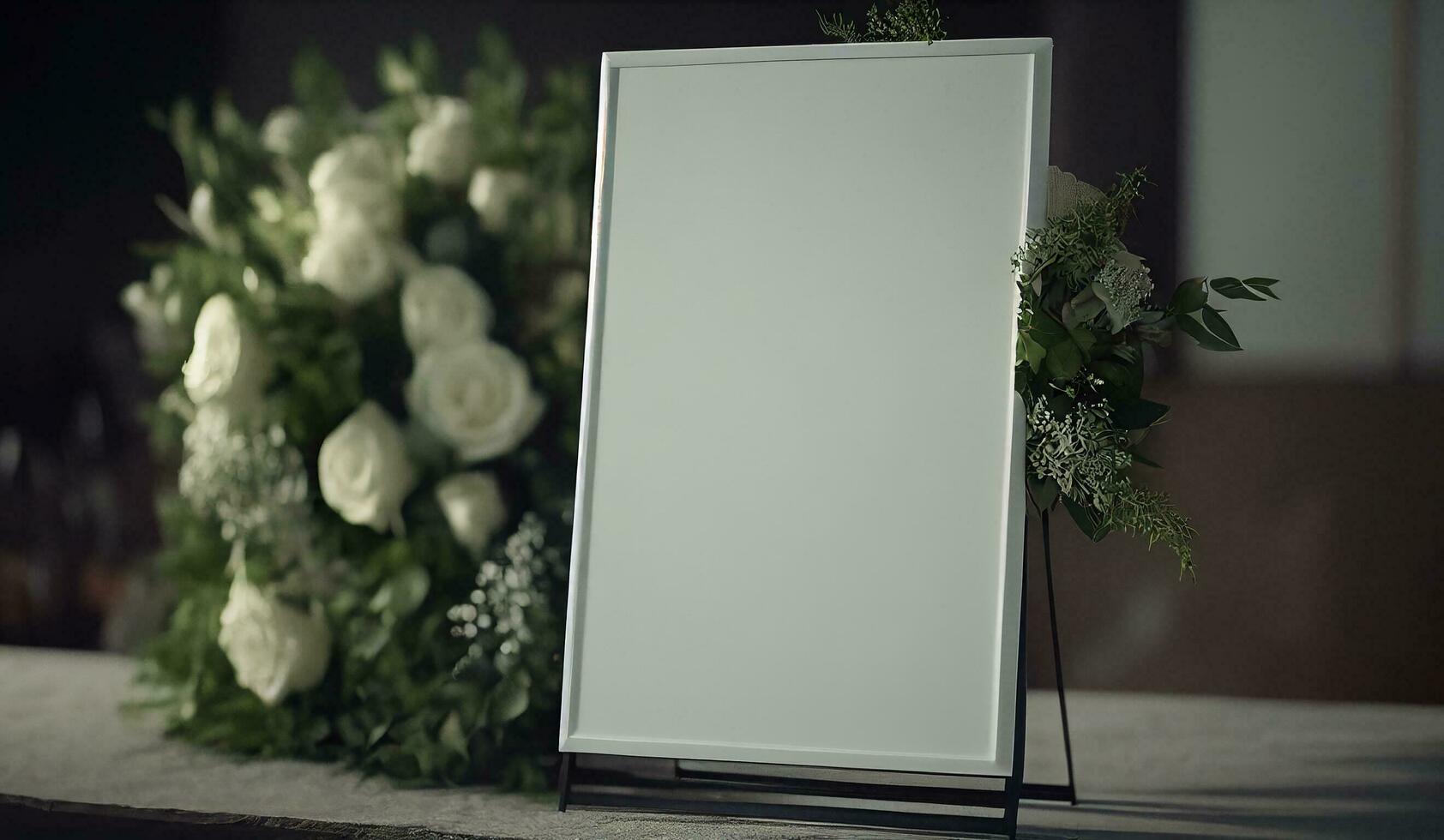 Blank empty clean modern wedding whiteboard mock up with natural leaves and flower for decorated in front of the ceremony background,AI Generated photo