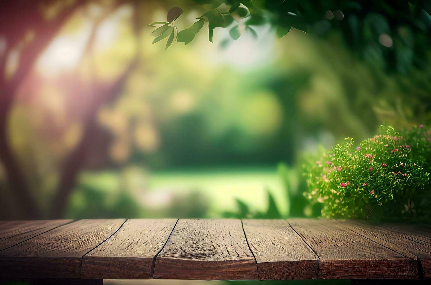 Abstract empty wooden desk tabletop with copy space over spring and summer blurred background, display for product montage, AI Generated photo