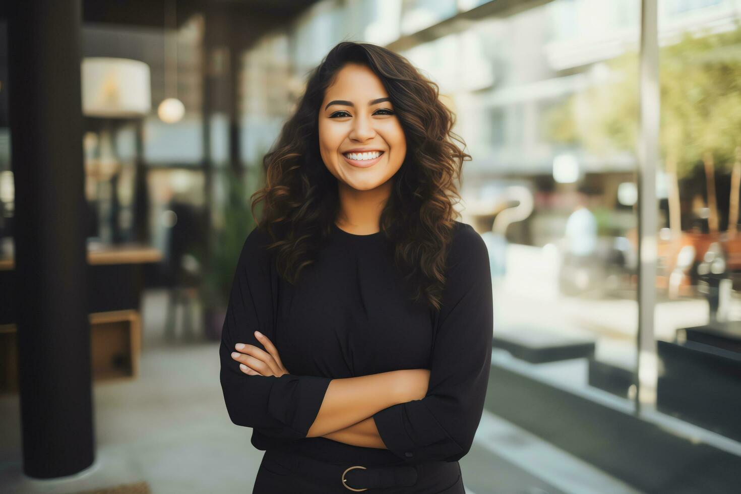 Attractive hispanic businesswoman CEO confident and staning front of modern office,AI Generated photo