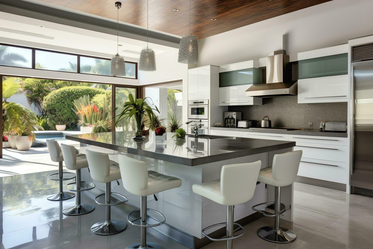 Modern luxury design kitchen room interior, dining island table with chairs, AI Generated photo