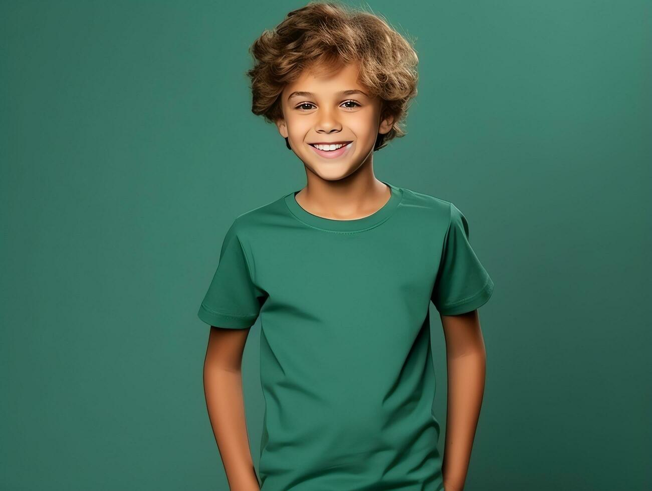 Cute boy wearing blank empty green t-shirt mockup for design template, AI Generated photo