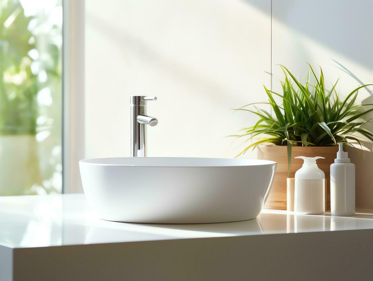 Modern white clean wash basin and faucet with morning sunlight in bathroom,AI Generated photo