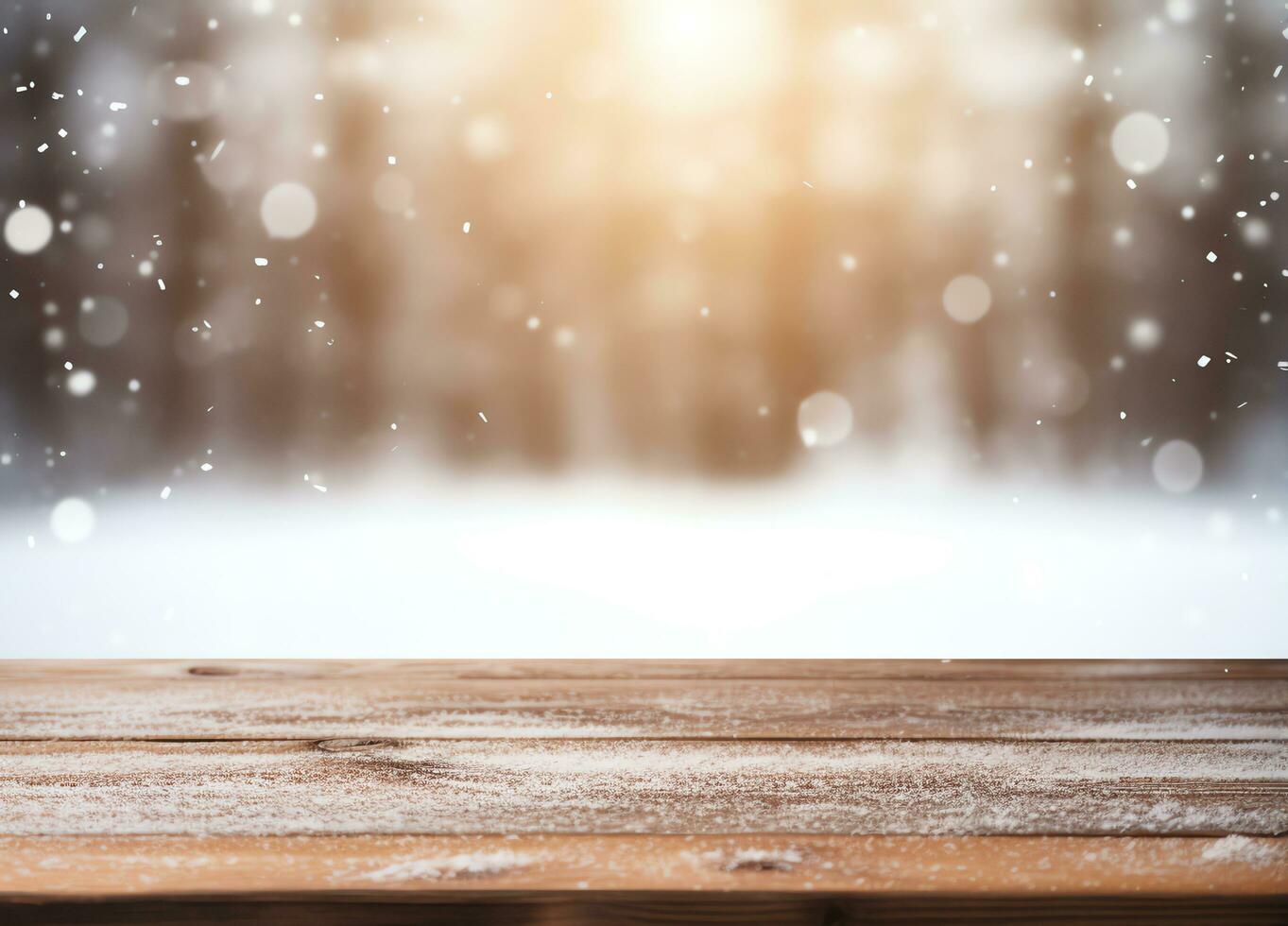 Abstract empty wooden table top with copy space over christmas winter bokeh blurred light background, AI Generated photo