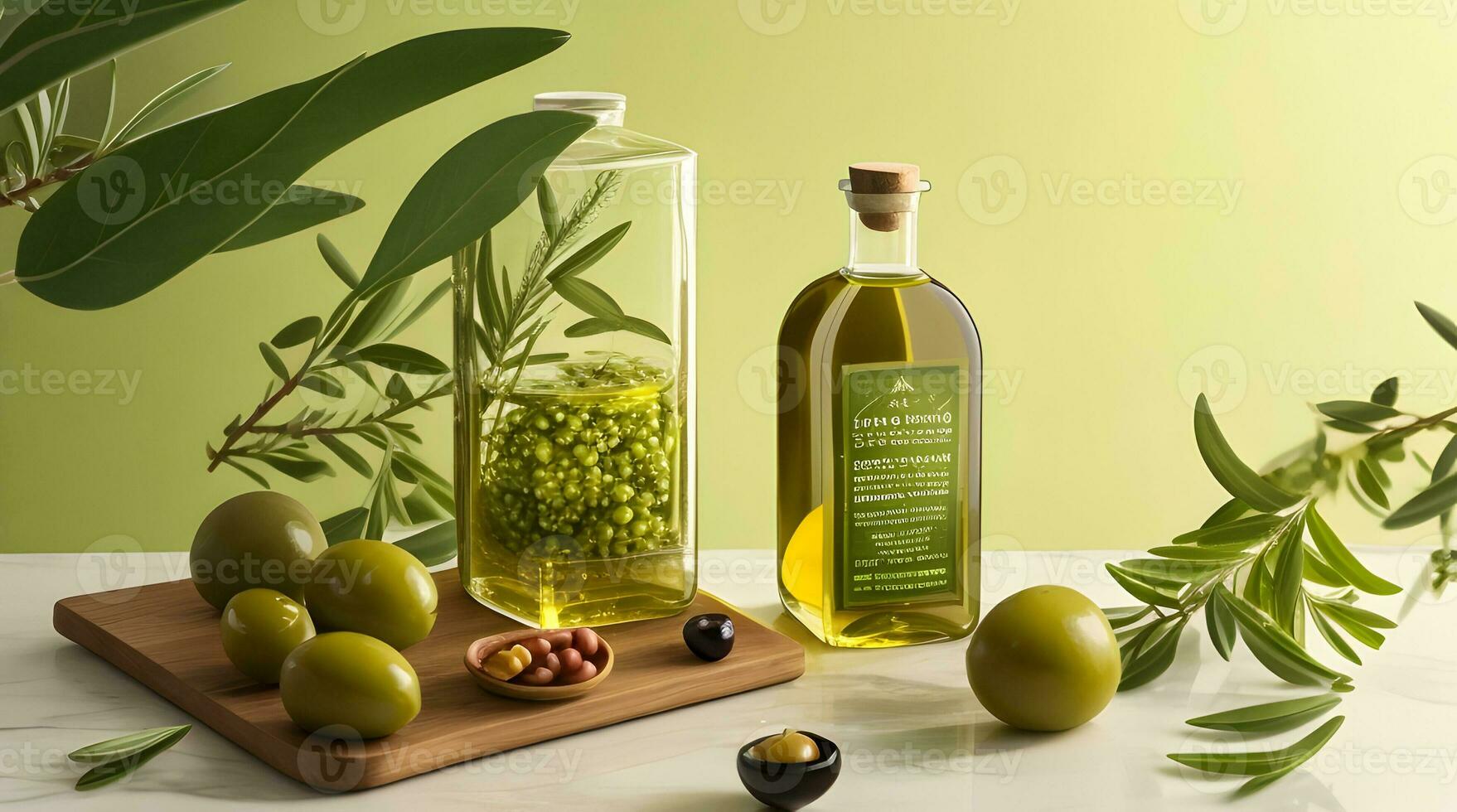 aceituna petróleo en un botella, verde aceitunas y aceituna árbol ramas ,gota de petróleo chapoteo. foto