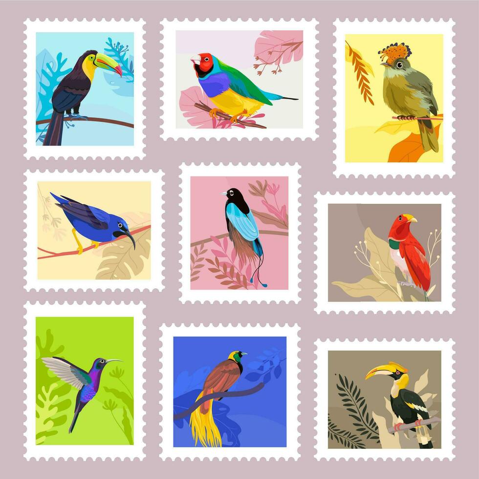 matasellos diseño colección con tropical aves vector