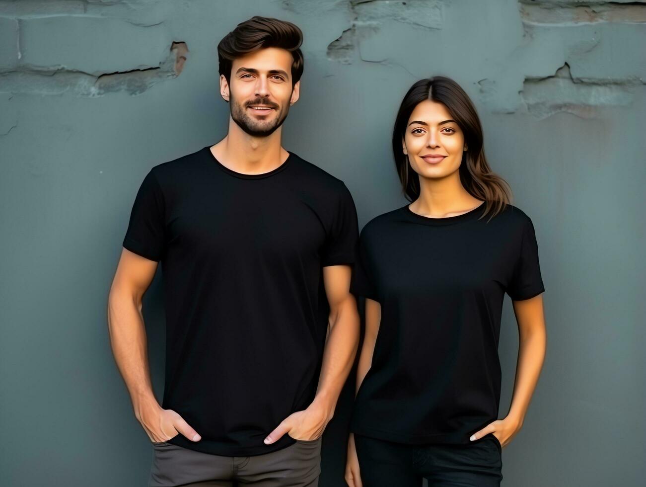 A couple boyfriend and girlfriend wearing blank black matching t-shirts ...