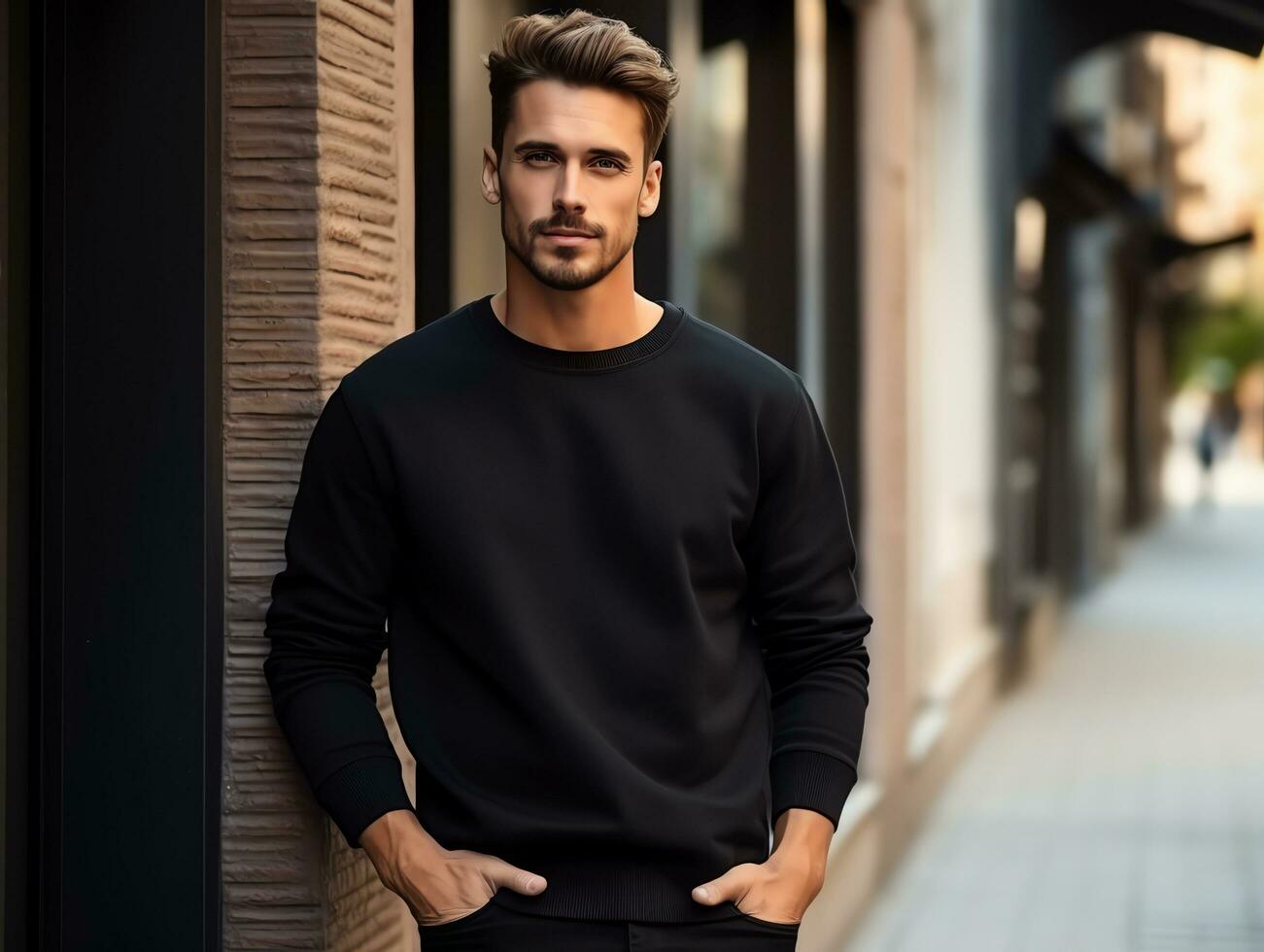 Attractive young man wearing blank empty black t-shirt long sleeves mockup for design template,AI Generated photo