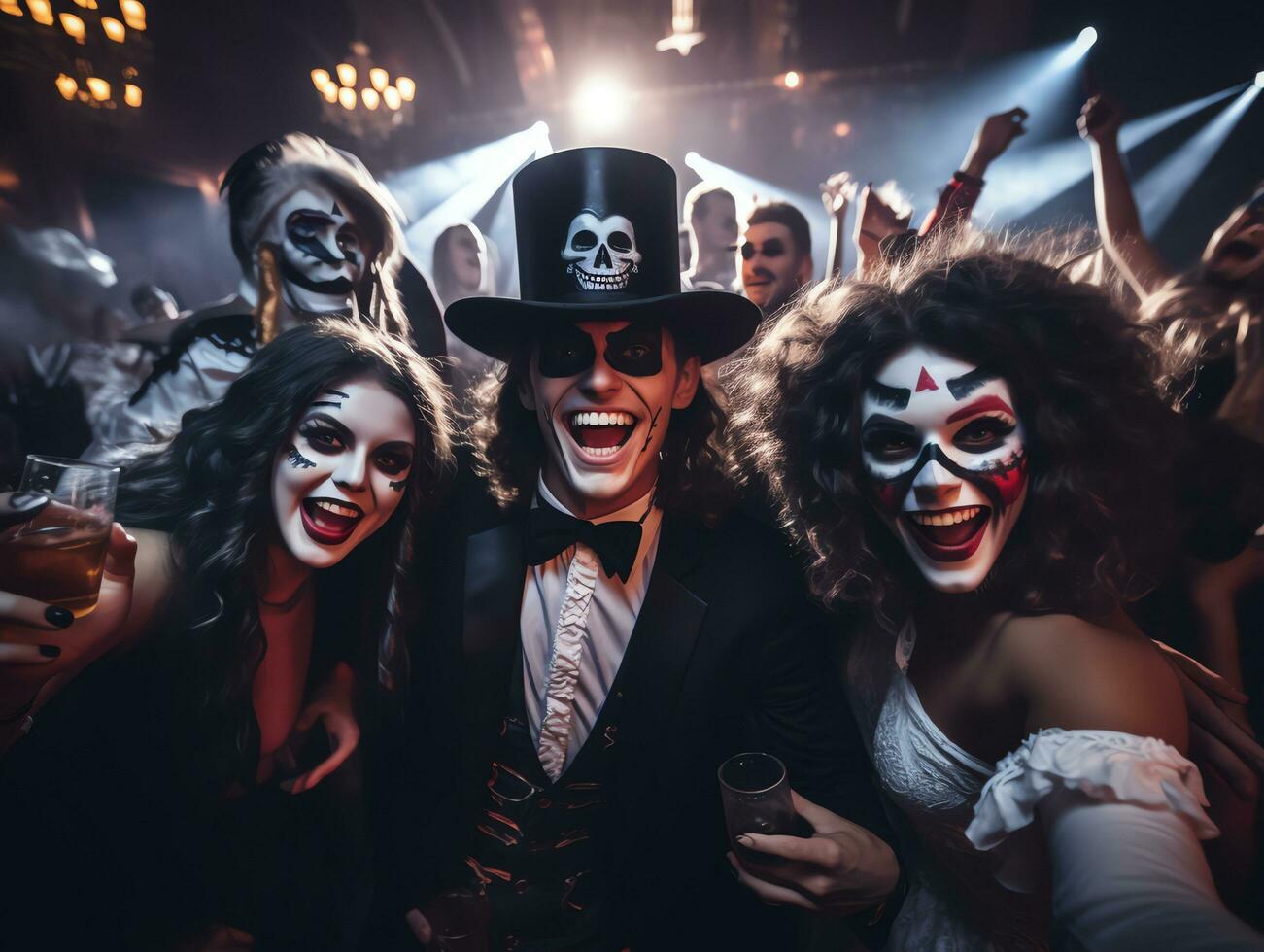 Group of young people wearing costumes at halloween party drinking cocktails and having fun in nightclub, AI Generated photo
