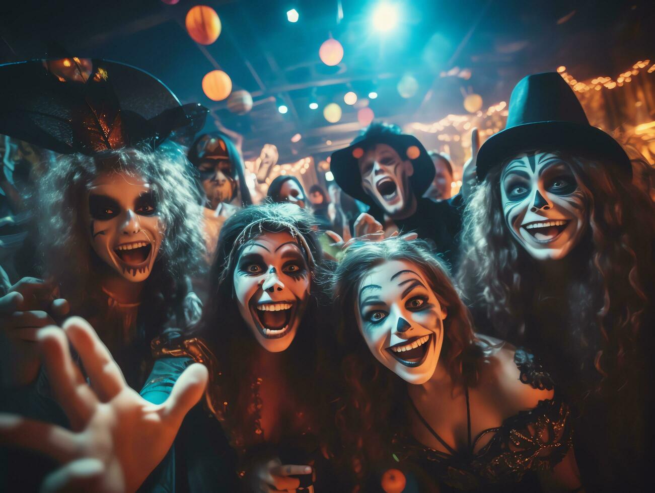 Group of young people wearing costumes at halloween party drinking cocktails and having fun in nightclub, AI Generated photo