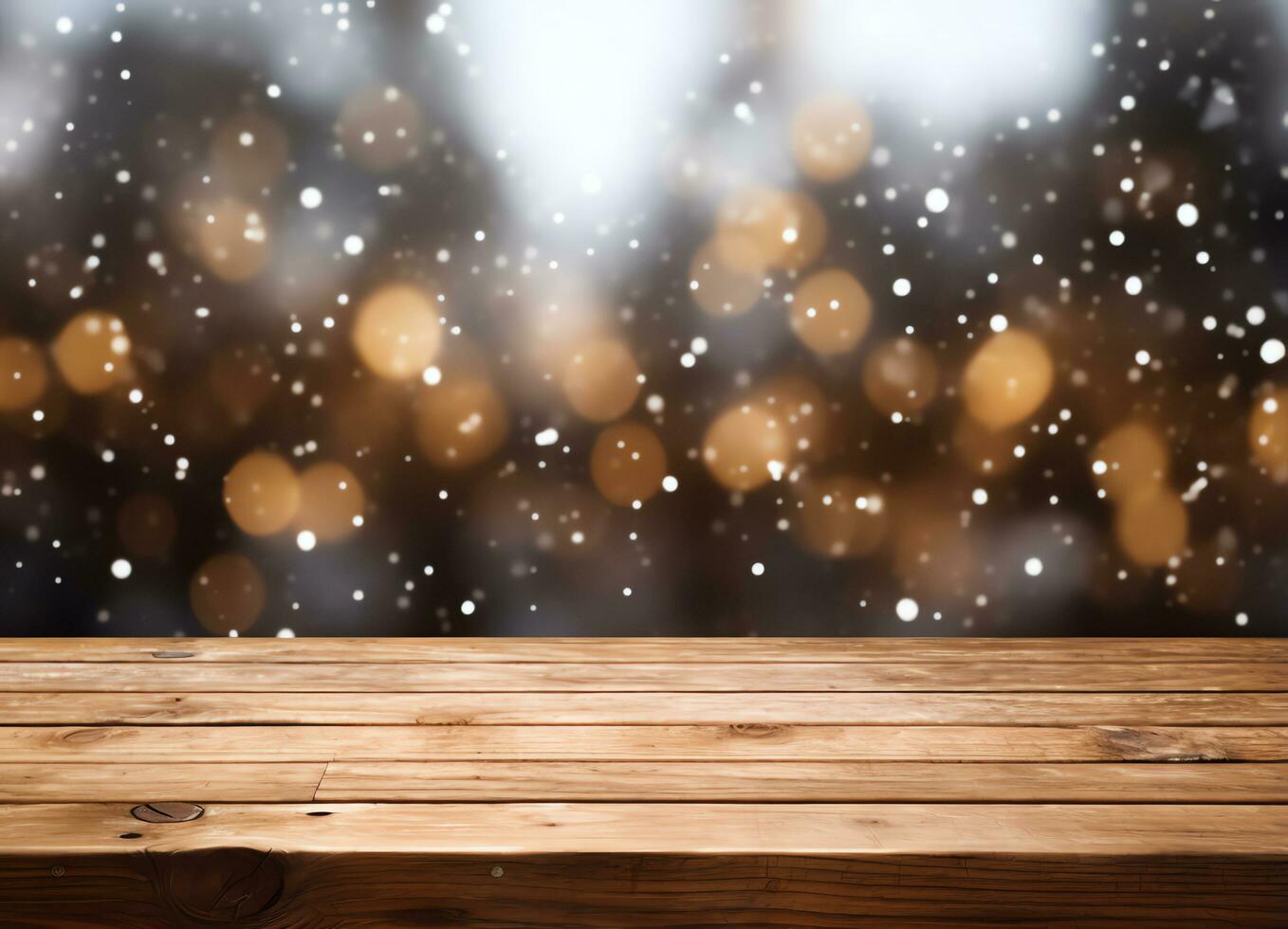 Abstract empty wooden table top with copy space over christmas winter bokeh blurred light background, AI Generated photo