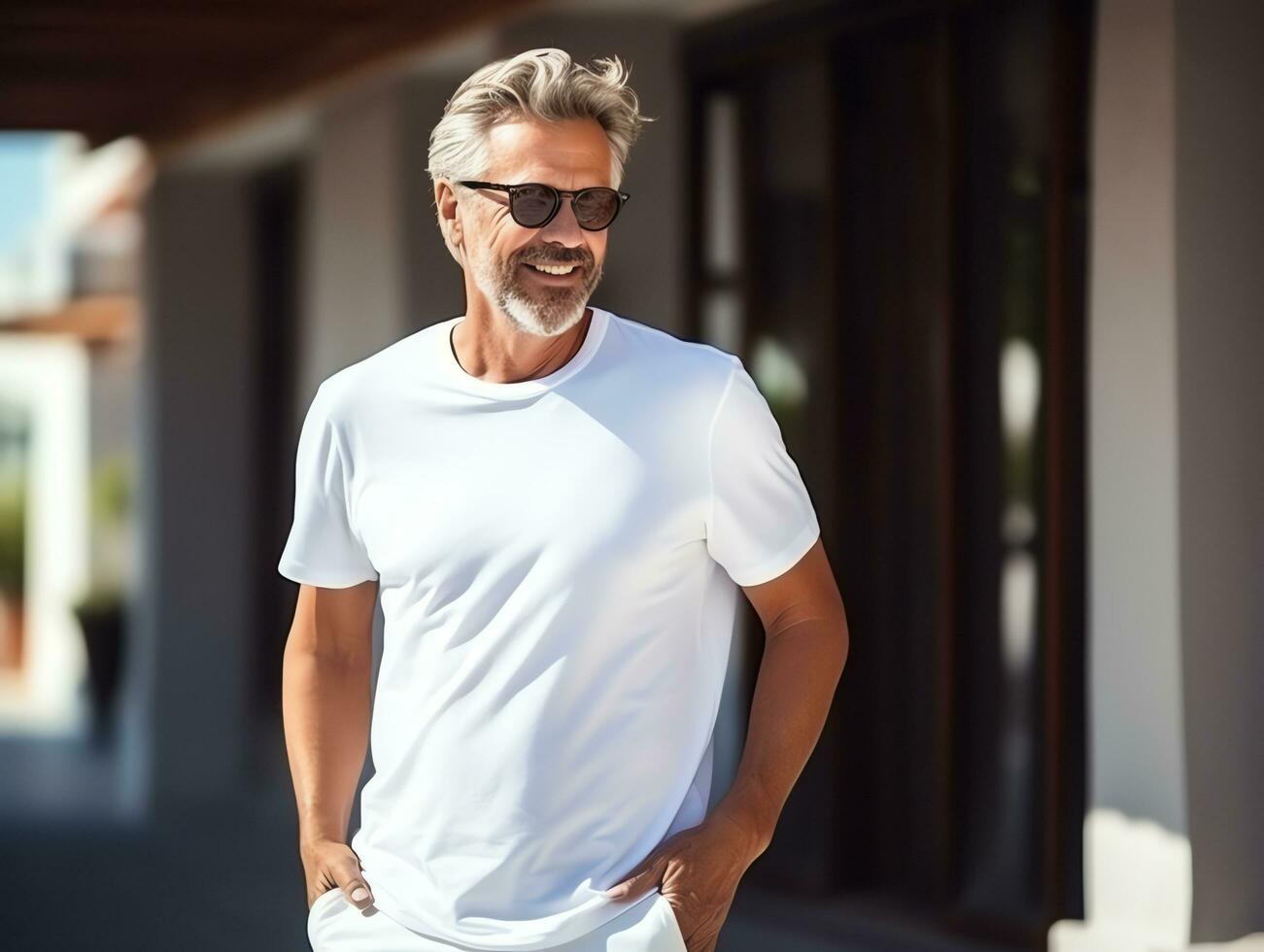 Healthy senior man wearing blank empty white t-shirt mockup for design template, AI Generated photo