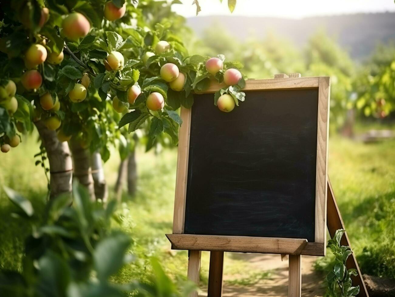 Blank blackboard mockup in organic fresh apples gardening, agriculture and business farmer concept, AI Generated photo