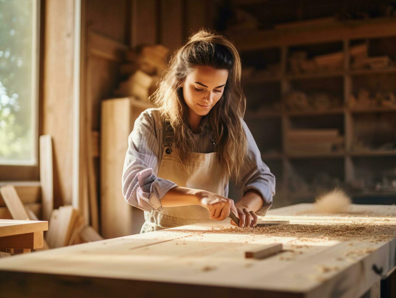 Young female carpenter working as a wood designer in wood working shop, gender equality concept, AI Generated photo