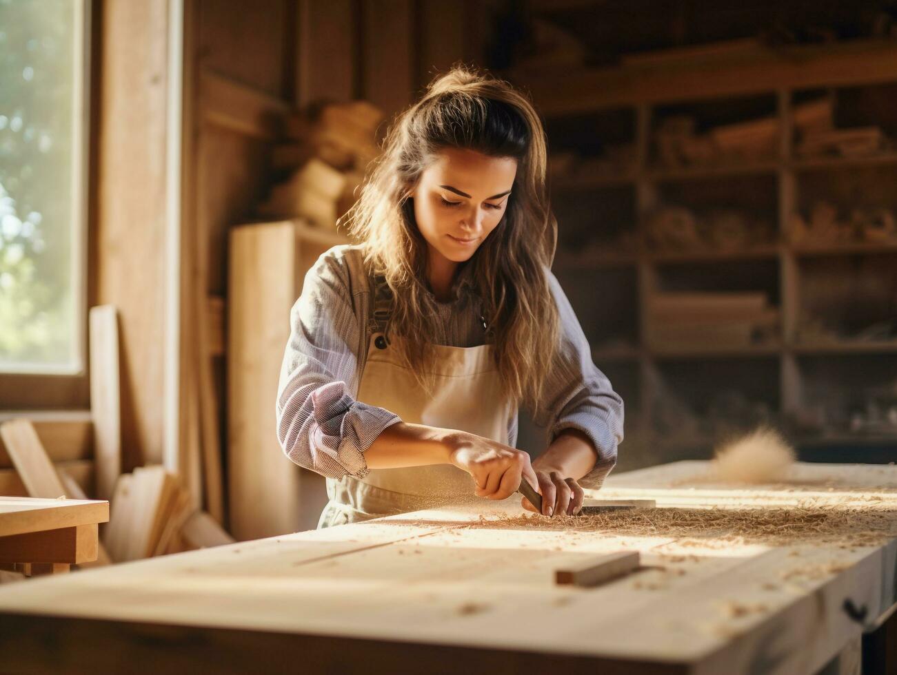 joven hembra carpintero trabajando como un madera diseñador en madera trabajando comercio, género igualdad concepto, ai generado foto