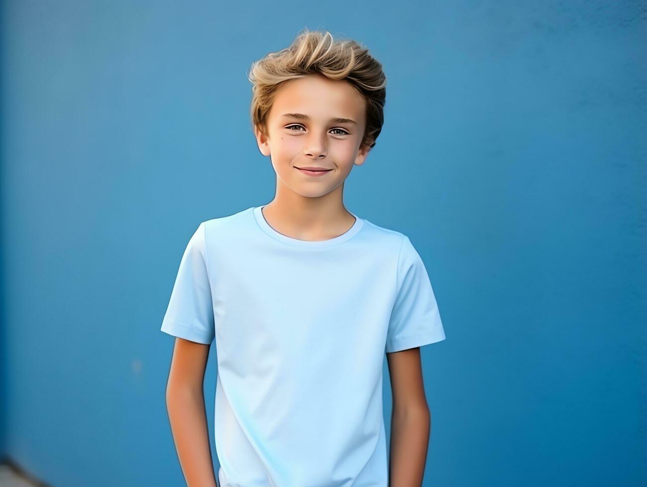 Cute boy wearing blank empty blue t-shirt mockup for design template, AI Generated photo