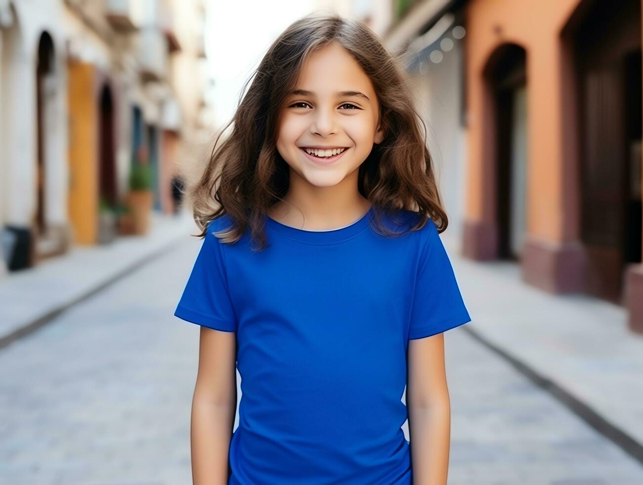 Cute little girl wearing blank empty blue t-shirt mockup for design template, AI Generated photo