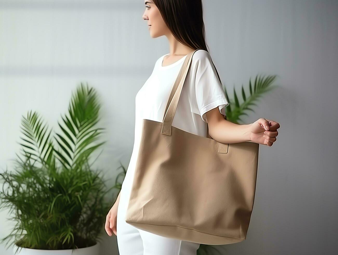 Woman holding blank empty canvas bag for shopping, eco friendly concept,AI Generated photo