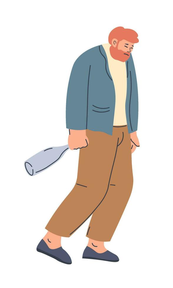 Alcoholic personage walking with empty bottle vector