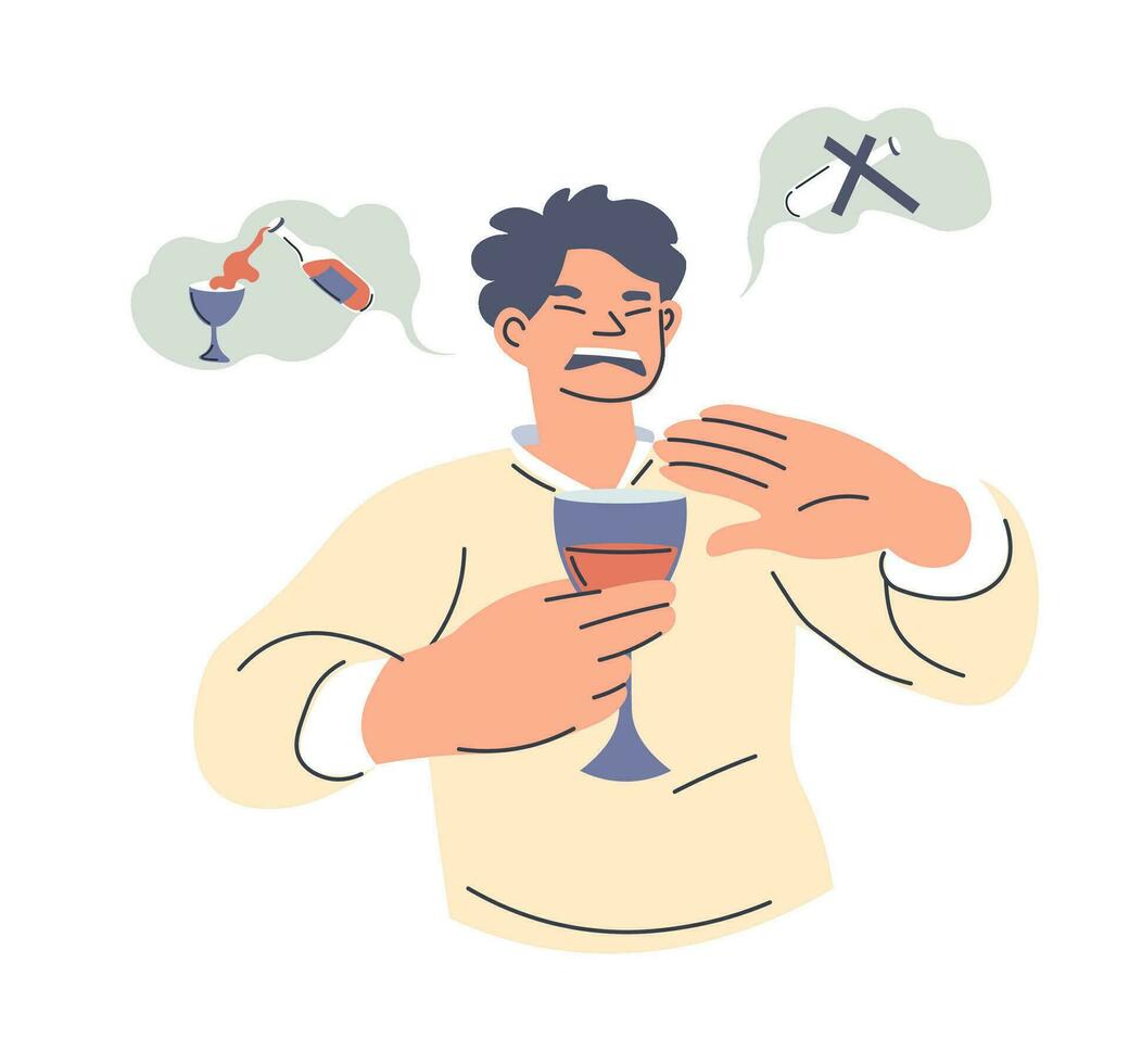 Male character refusing to drink alcohol, vector