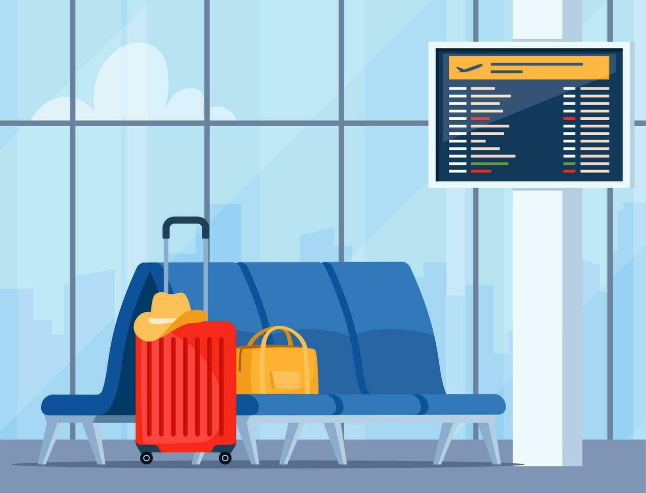 Empty airport arrival waiting room or departure lounge with chairs and information panels. Terminal hall with big airport window. Vector illustration.