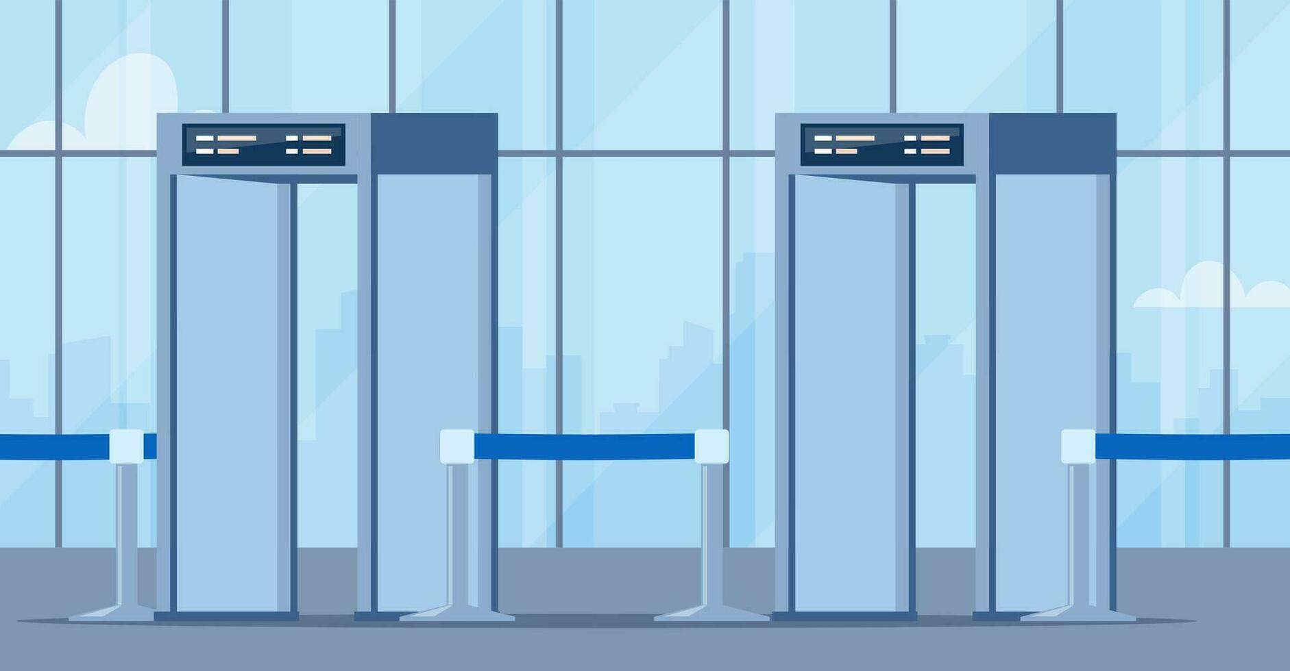 Airport security metal detectors in airport lounge. Full body scanners. Security check gates. Vector illustration.