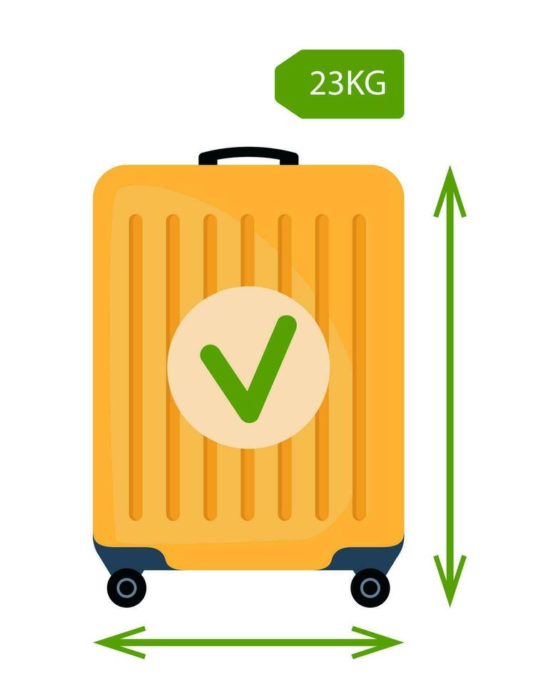 Baggage allowance. Wheeled suitcase with dimensional arrows and green confirmation check mark. Travel by plane, baggage rules. Vector illustration.