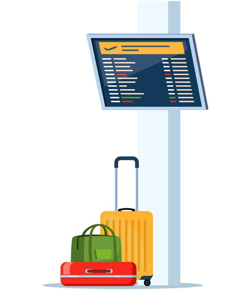Departure lounge with baggage and information panel, element of airport lounge interior. Terminal waiting room. Vector illustration.