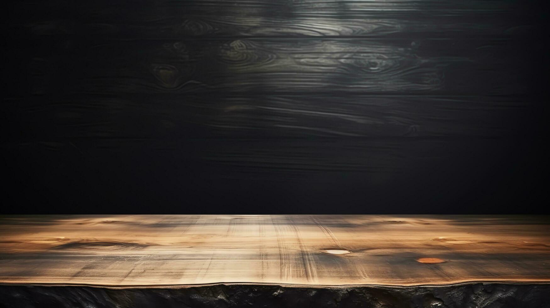 Blank wooden tabletop on black board wall background, mockup and display for product, banner style,AI Generated photo