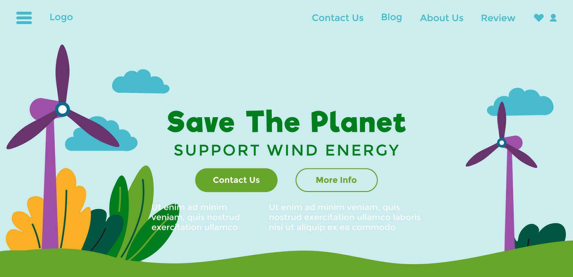 salvar el planeta, apoyo viento energía, sitio web vector