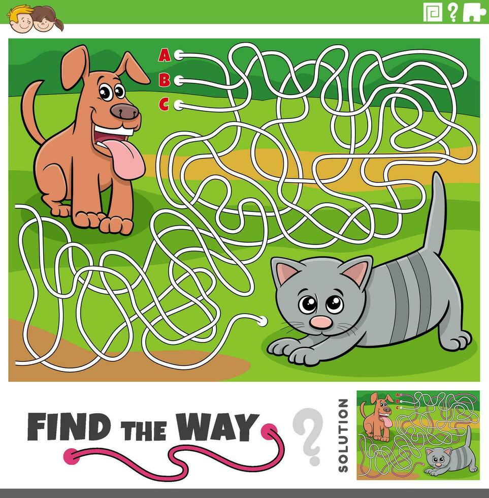 find the way maze game with cartoon puppy and kitten vector