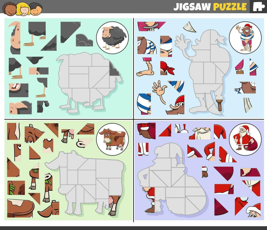 jigsaw puzzle games set with cartoon characters vector