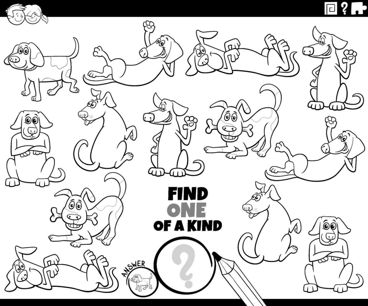 one of a kind activity with cartoon dogs coloring page vector