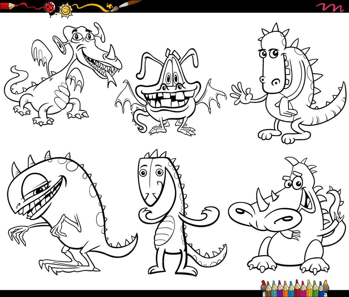 cartoon dragons fantasy animal characters set coloring page vector