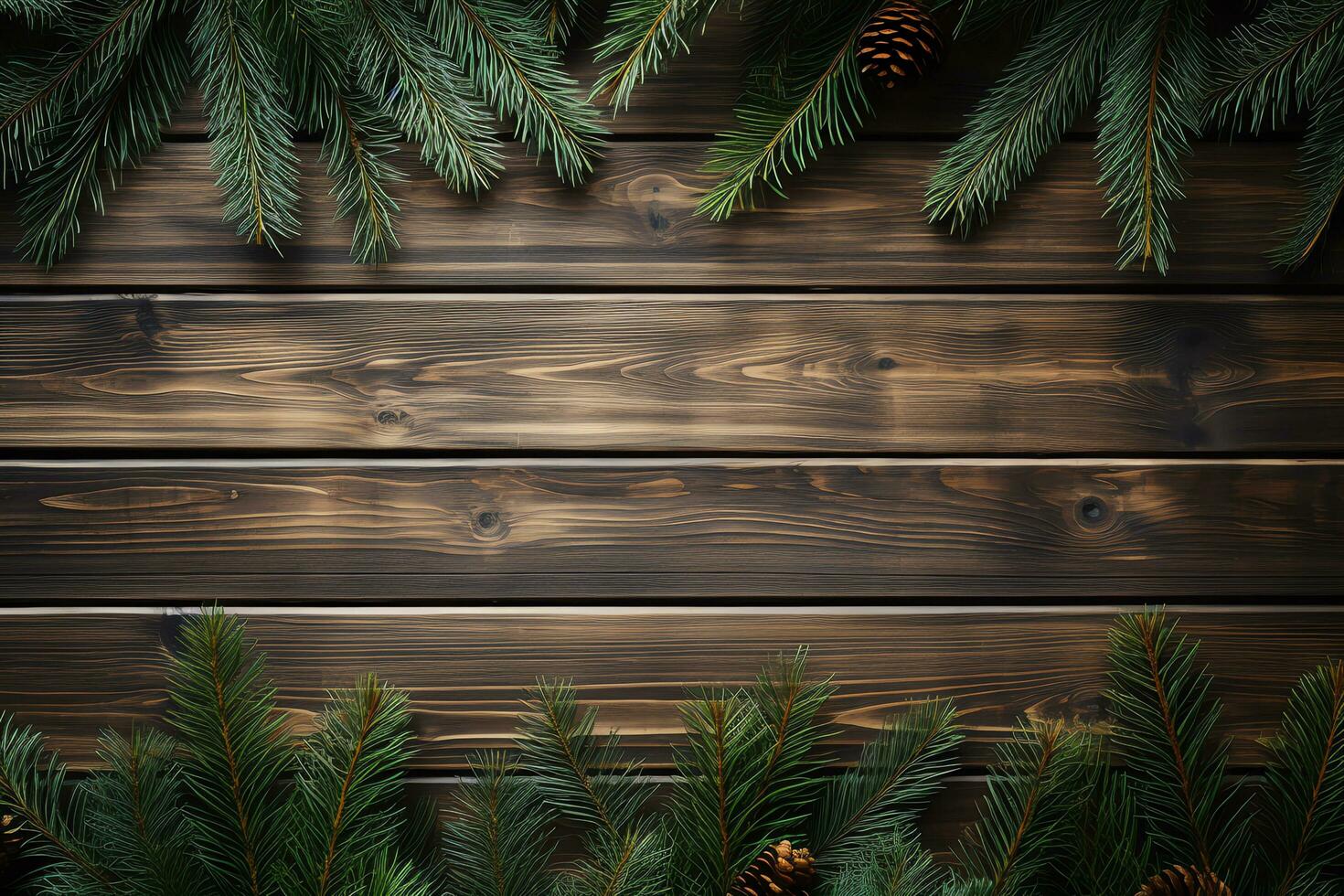 Flat lay of wooden table copy space with Christmas tree branches,AI Generated photo