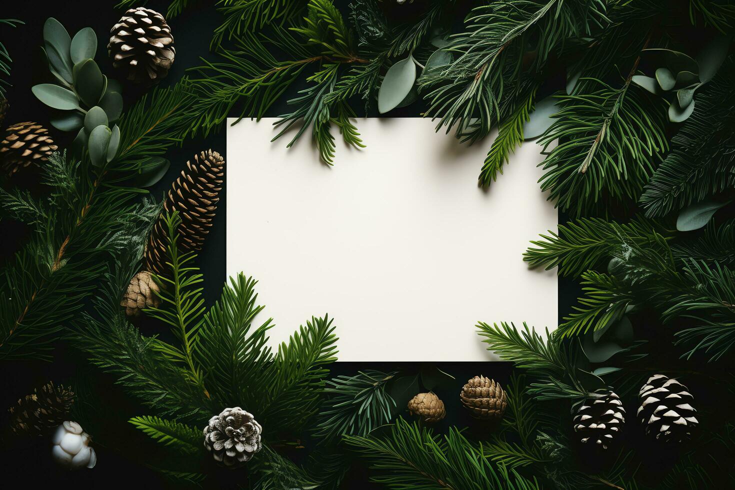 plano laico de blanco Nota papel en Navidad árbol ramas en de madera mesa generado foto