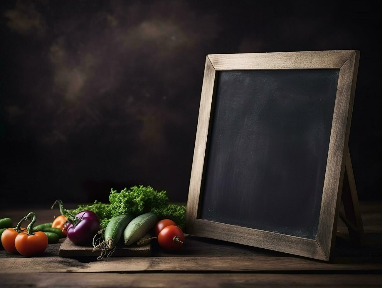 Blank blackboard mockup with organic fresh vegetables on wooden table, agriculture and business farmer concept, AI Generated photo