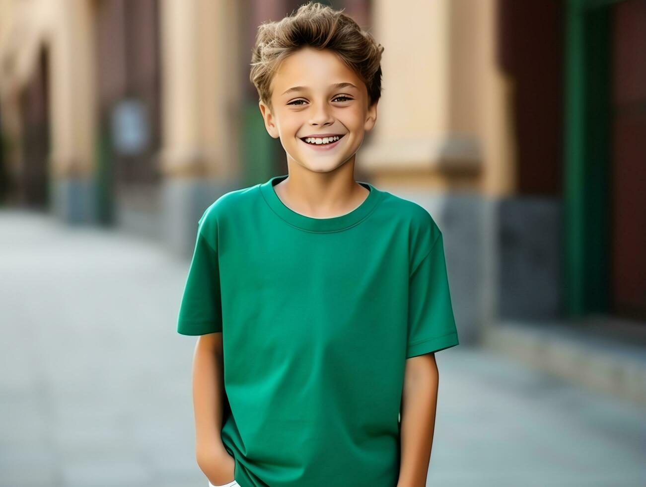 Cute boy wearing blank empty green t-shirt mockup for design template, AI Generated photo