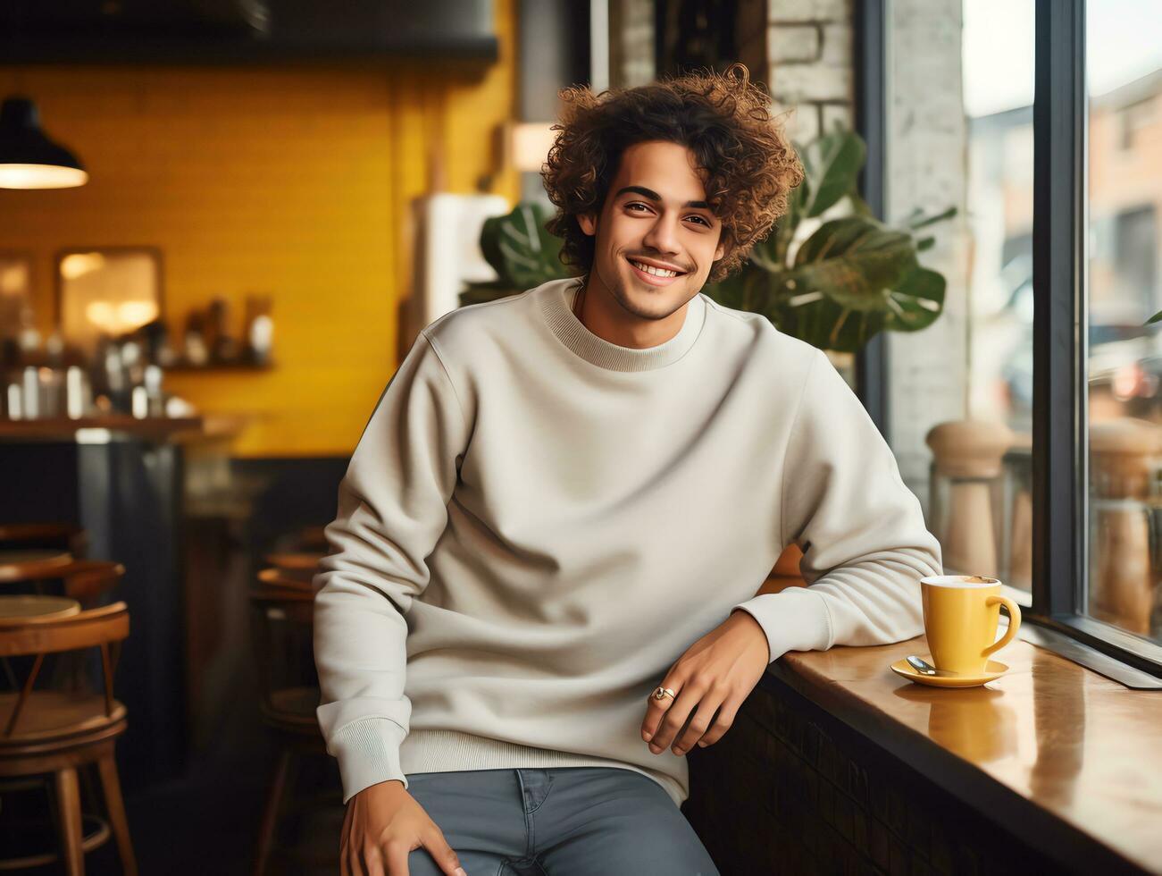 joven hombre vistiendo blanco vacío blanco camiseta largo mangas suéter Bosquejo para diseño plantilla, ai generado foto