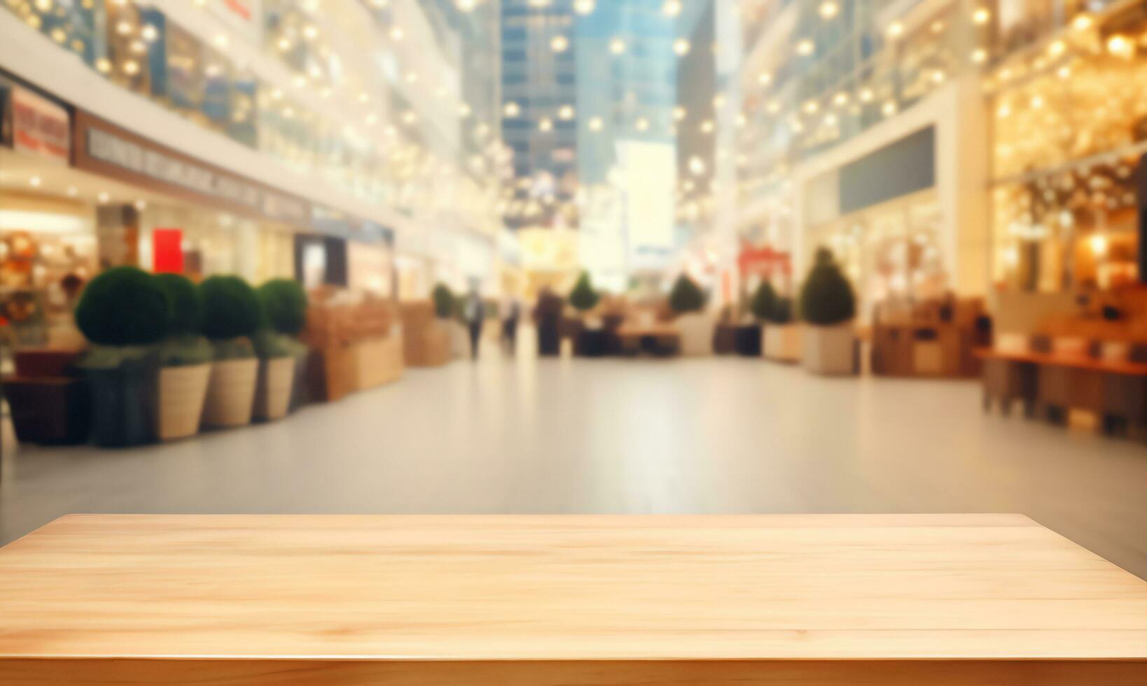 Empty wood table top on blur abstract of street shopping mall outdoor background, for montage product display, AI Generated photo