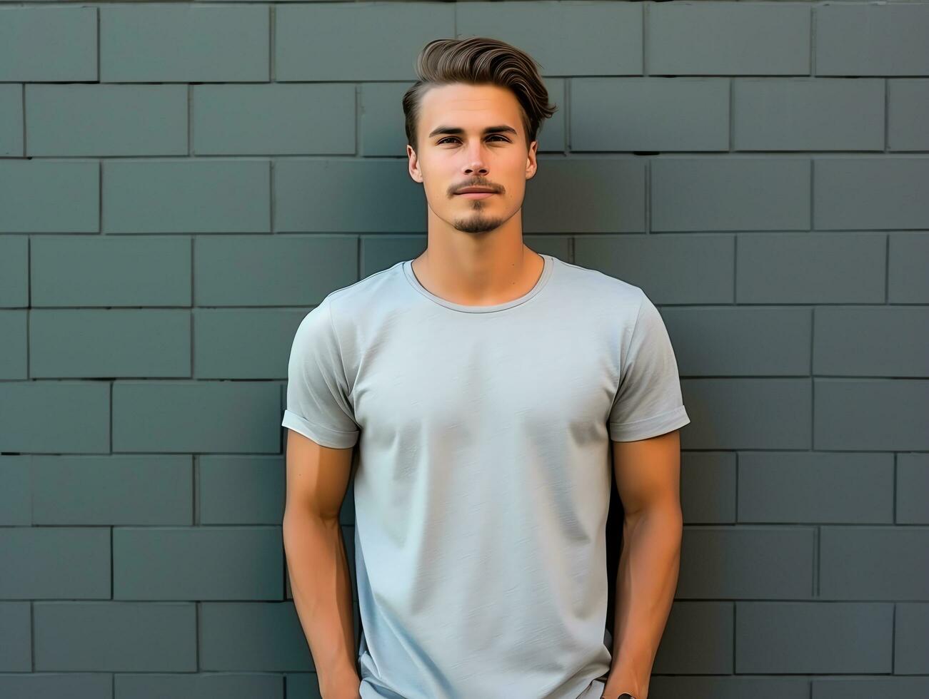 attractive man wearing blank empty grey t-shirt mockup for design template, AI Generated photo