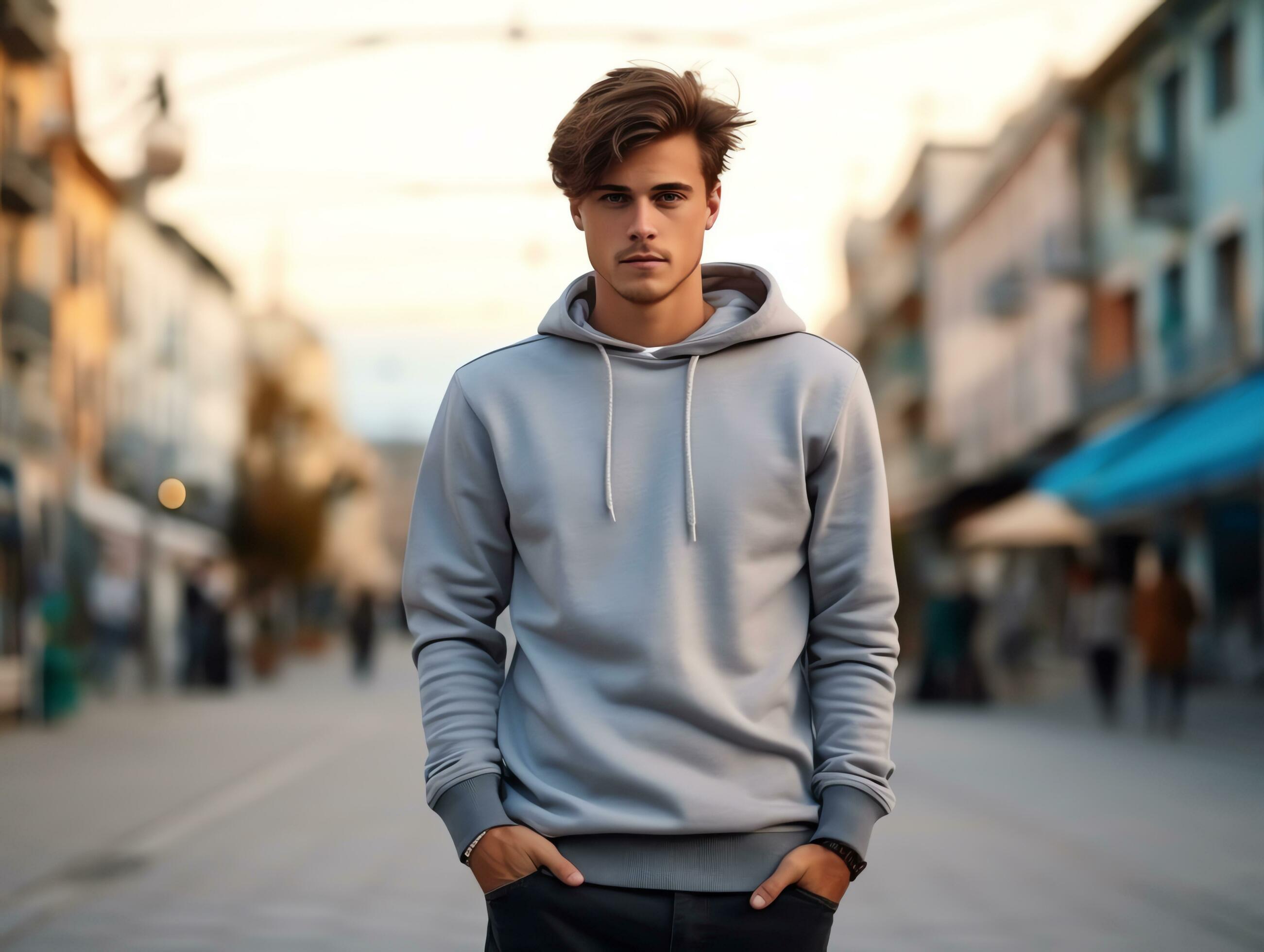 Young man wearing blank empty grey hoodie long sleeves sweater mockup