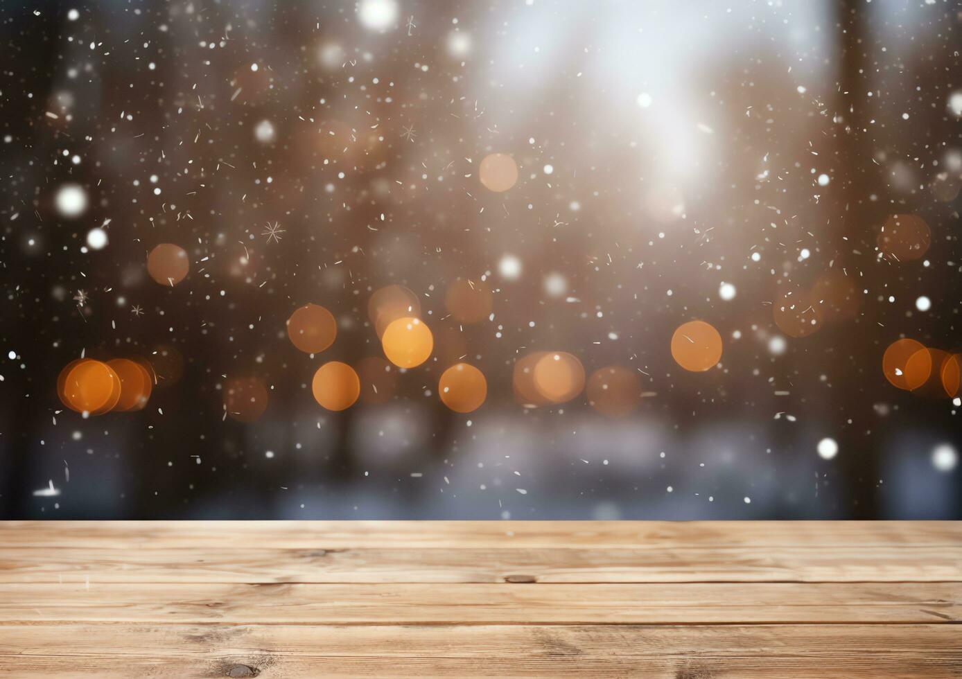 Abstract empty wooden table top with copy space over christmas winter bokeh blurred light background, AI Generated photo